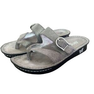 Alegria Metallic Gray Thong Sandals with Buckle Accent
